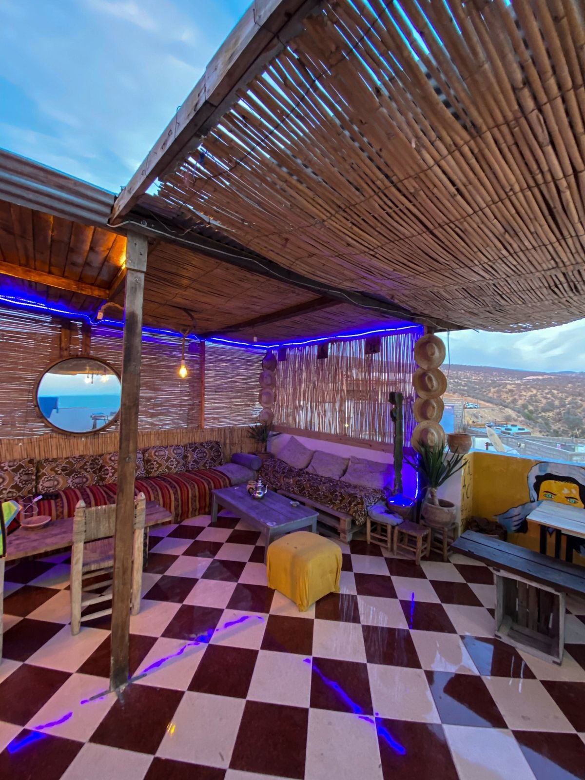 Rooftop lounge with ocean view at the Taghazout surf camp